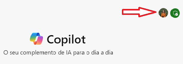 A imagem mostra como fazer login no Copilot. Tem uma flecha vermelha apontando para uma foto de um usuário e um escudo verde ao lado. 